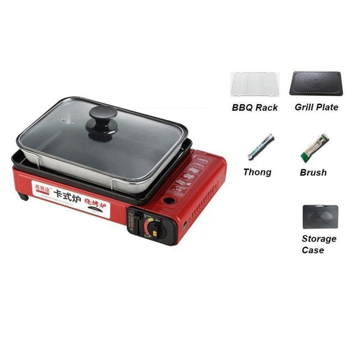 Portable Gas Stove Burner Butane BBQ Camping Gas Cooker With Non Stick Plate Red - amazingooh