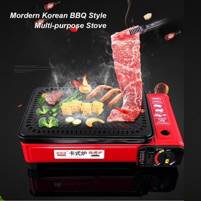 Portable Gas Stove Burner Butane BBQ Camping Gas Cooker With Non Stick Plate Red - amazingooh