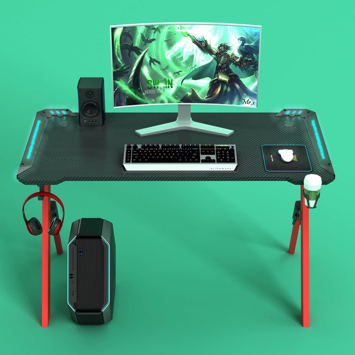 RGB Gaming Desk Home Office Carbon Fiber Led Lights Game Racer Computer PC Table Y-Shaped Red New - amazingooh