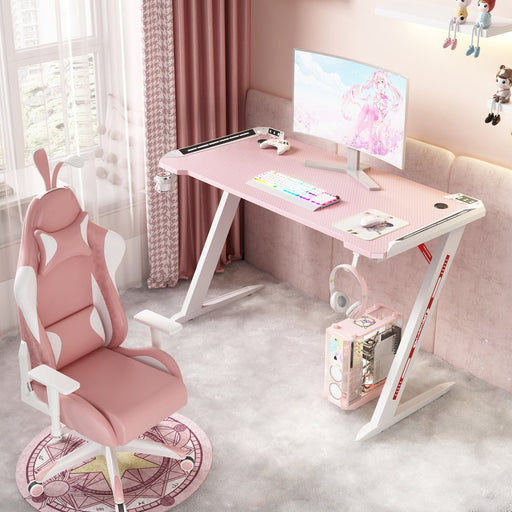 RGB Gaming Desk Home Office Carbon Fiber Led Lights Game Racer Computer PC Table Z-Shaped Pink - amazingooh
