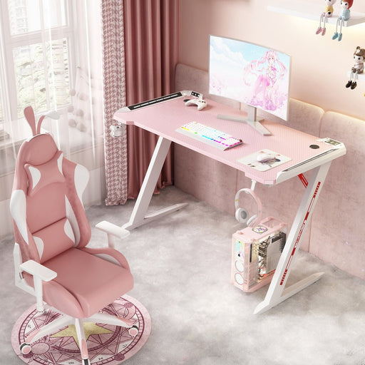 RGB Gaming Desk Home Office Carbon Fiber Led Lights Game Racer Computer PC Table Z-Shaped Pink - amazingooh