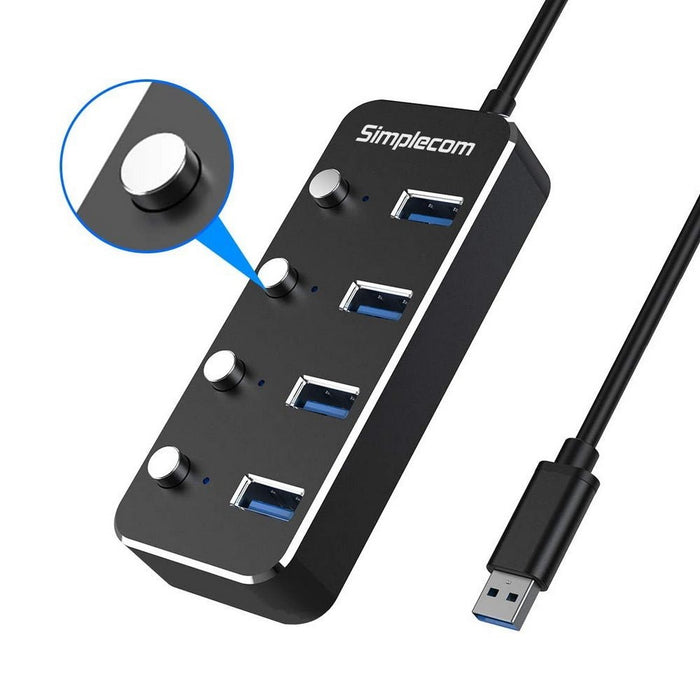 Simplecom CH345PS Aluminium 4-Port USB 3.0 Hub with Individual Switches and Power Adapter - Amazingooh Wholesale