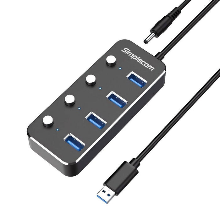 Simplecom CH345PS Aluminium 4-Port USB 3.0 Hub with Individual Switches and Power Adapter - Amazingooh Wholesale