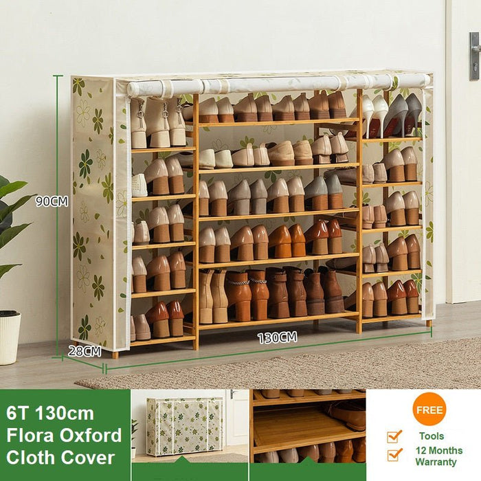 Covered Rack Orginazer Six Tier Oxford Cloth Covered Tower Bamboo Wooden Shoe Rack Boot Shelf ...