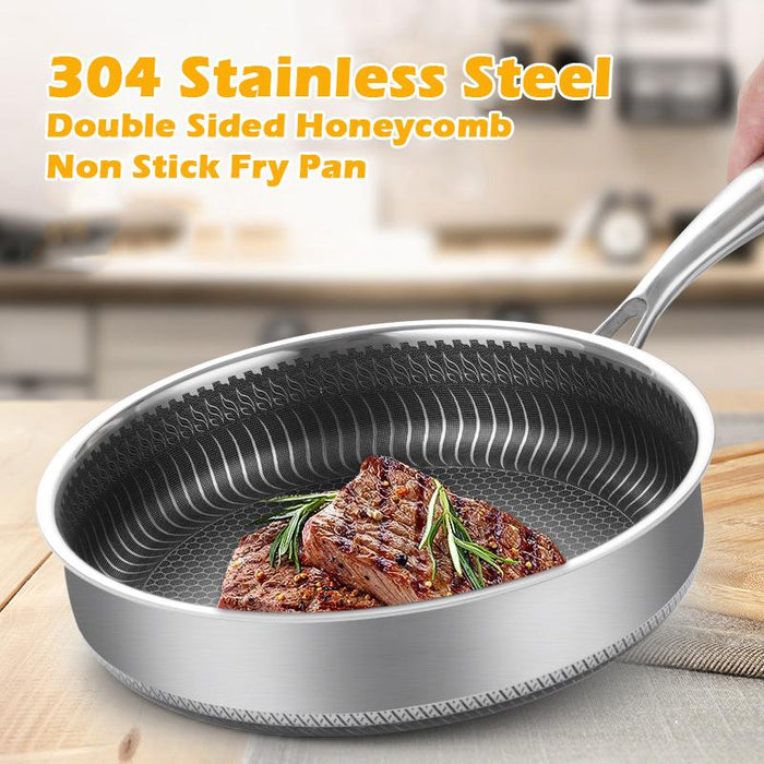 Stainless Steel Frying Pan Non-Stick Cooking Frypan Cookware 30cm Honeycomb Double Sided - amazingooh