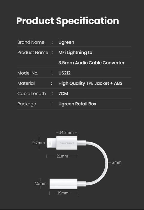 UGREEN 30759 iPhone 8-pin to 3.5mm Headphone Adapter - Amazingooh Wholesale